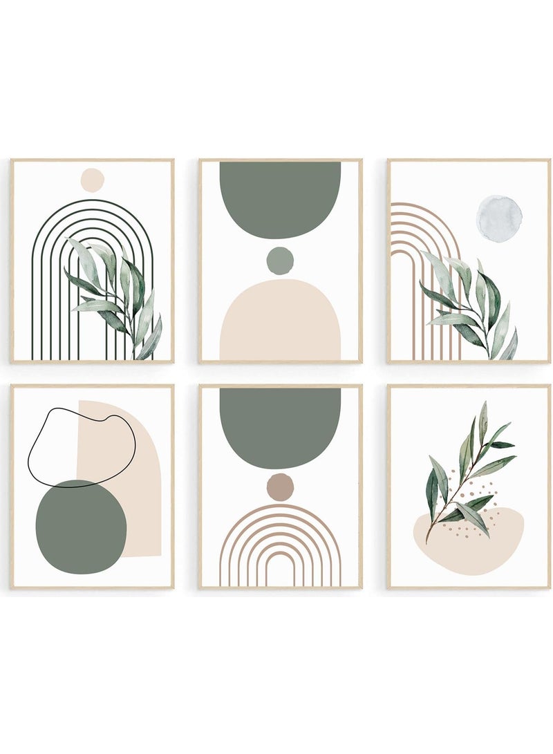Sage Green Boho Wall Art Prints, Abstract Geometric Boho Wall Decor Leaf Botanical Sun Moon Line Canvas Art Prints, Minimalist Green Boho Room Decor Poster Paintings for Bedroom Gallery Living Room - Image 1
