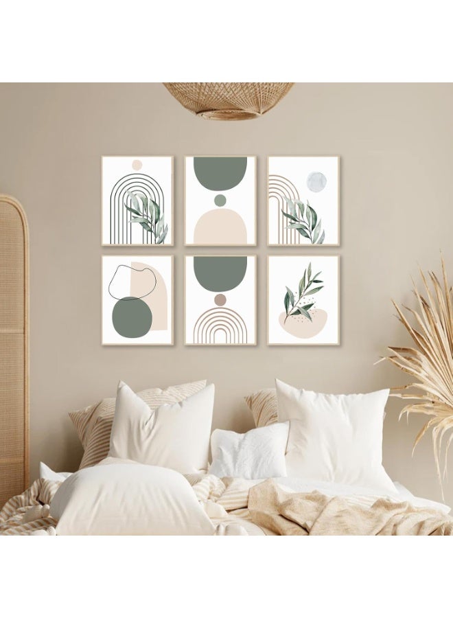 Sage Green Boho Wall Art Prints, Abstract Geometric Boho Wall Decor Leaf Botanical Sun Moon Line Canvas Art Prints, Minimalist Green Boho Room Decor Poster Paintings for Bedroom Gallery Living Room - Image 3