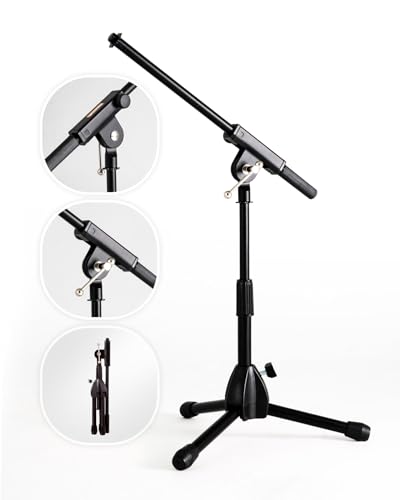 Stage Rocker Foldable Tripod Low-Profile Mic Boom Stand - Height Extending from 9.6'' to 16.9'', w/Adjustable Telescoping Arm Up to 9'', Lightweight/Convenient, Black, Powered by Hamilton(SR610121B) - Image 1