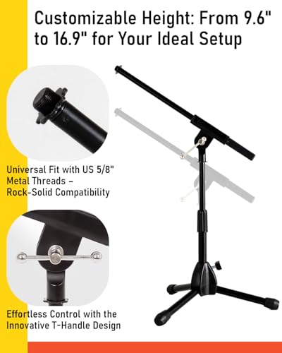 Stage Rocker Foldable Tripod Low-Profile Mic Boom Stand - Height Extending from 9.6'' to 16.9'', w/Adjustable Telescoping Arm Up to 9'', Lightweight/Convenient, Black, Powered by Hamilton(SR610121B) - Image 5