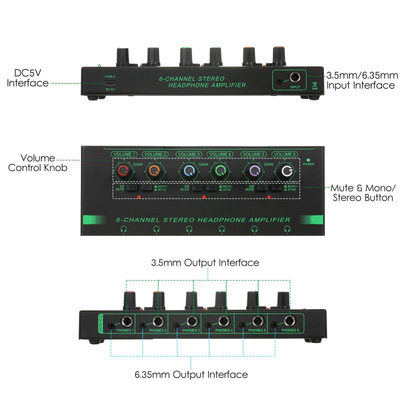 Headphone Amplifier: 6-Channel Stereo Headphone Amp - Ultra-low Noise Metal Shell With Independent Volume Control For Studio And Stage Application - Image 5