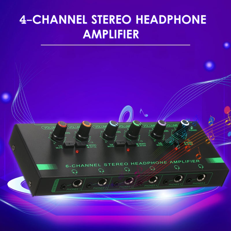 Headphone Amplifier: 6-Channel Stereo Headphone Amp - Ultra-low Noise Metal Shell With Independent Volume Control For Studio And Stage Application - Image 2