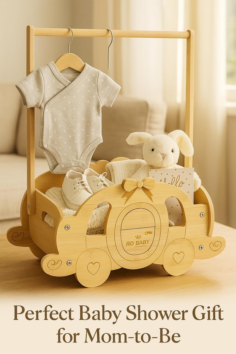 Fun-Plus Baby Shower Crate Closet, pumpkin carriage Baby Shower Basket with Handle Baby Storage Crate, Wooden Crate for Pregnancy New Parent (Bamboo made) - Image 3