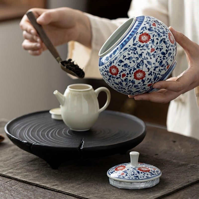 Tea Caddy High-Grade Blue Ceramic Sealing Jar Round Household Loose Leaf Tea Storage Jar Multifunctional Empty Jar Tea Canister(Small) - Image 4