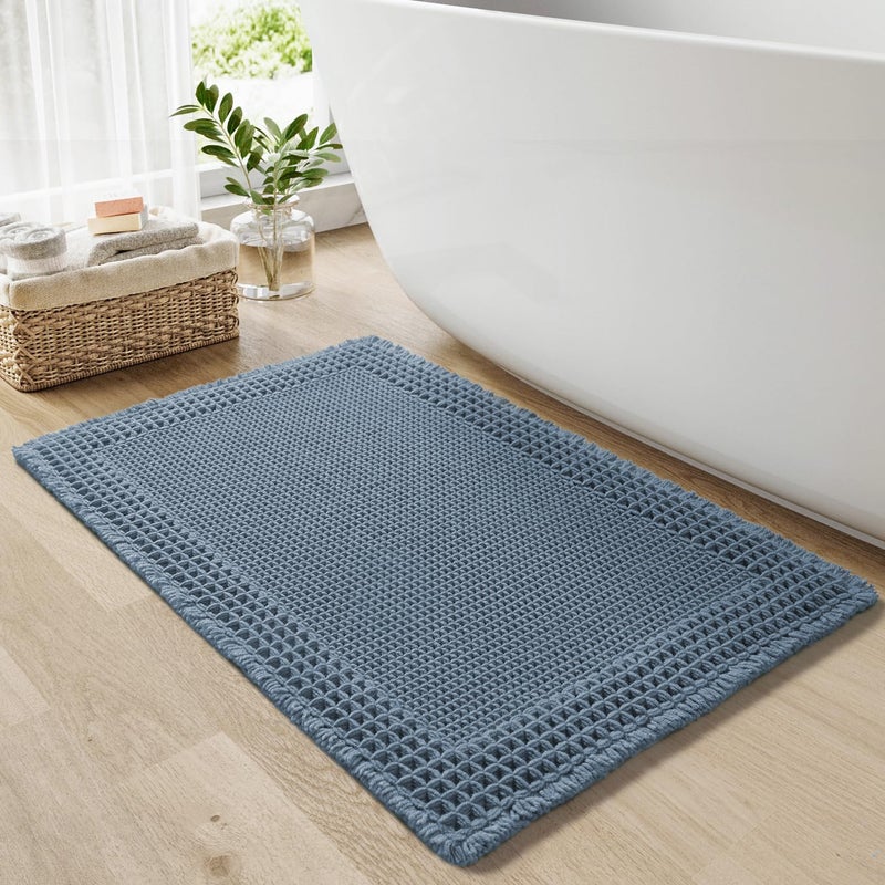 RESARE Waffle Bath Mat - Super Absorbent Non Slip Machine Washable Boho Bath Rugs with Tassels, Upgraded Bordered Design, 17"x24" Blue - Image 1