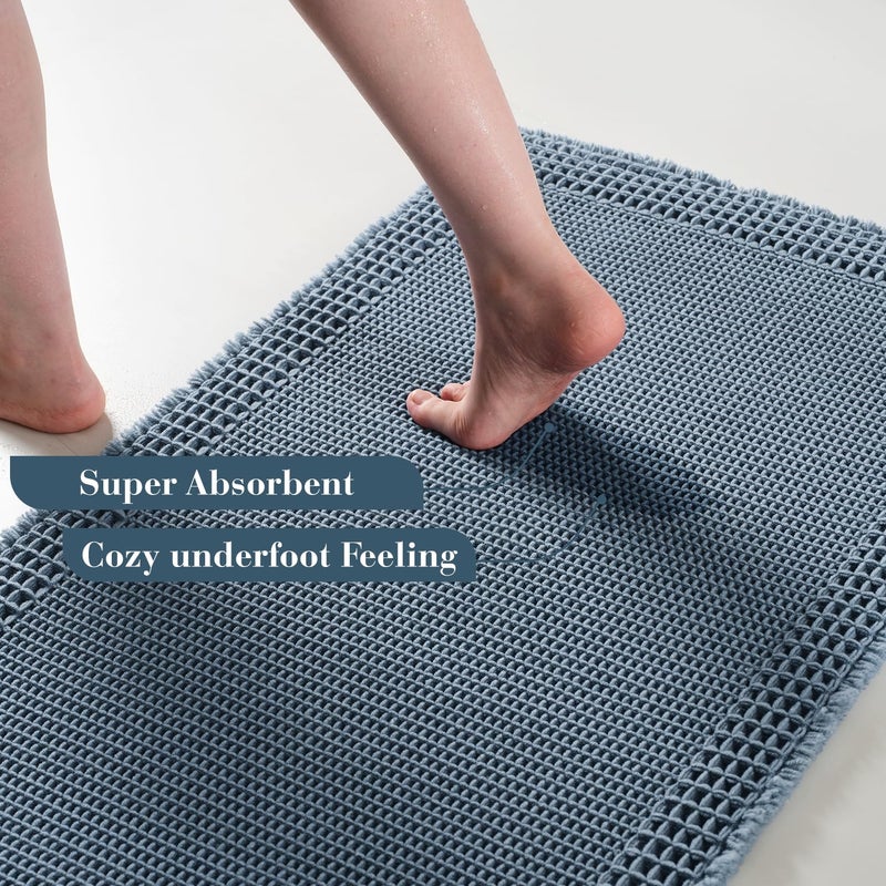 RESARE Waffle Bath Mat - Super Absorbent Non Slip Machine Washable Boho Bath Rugs with Tassels, Upgraded Bordered Design, 17"x24" Blue - Image 3