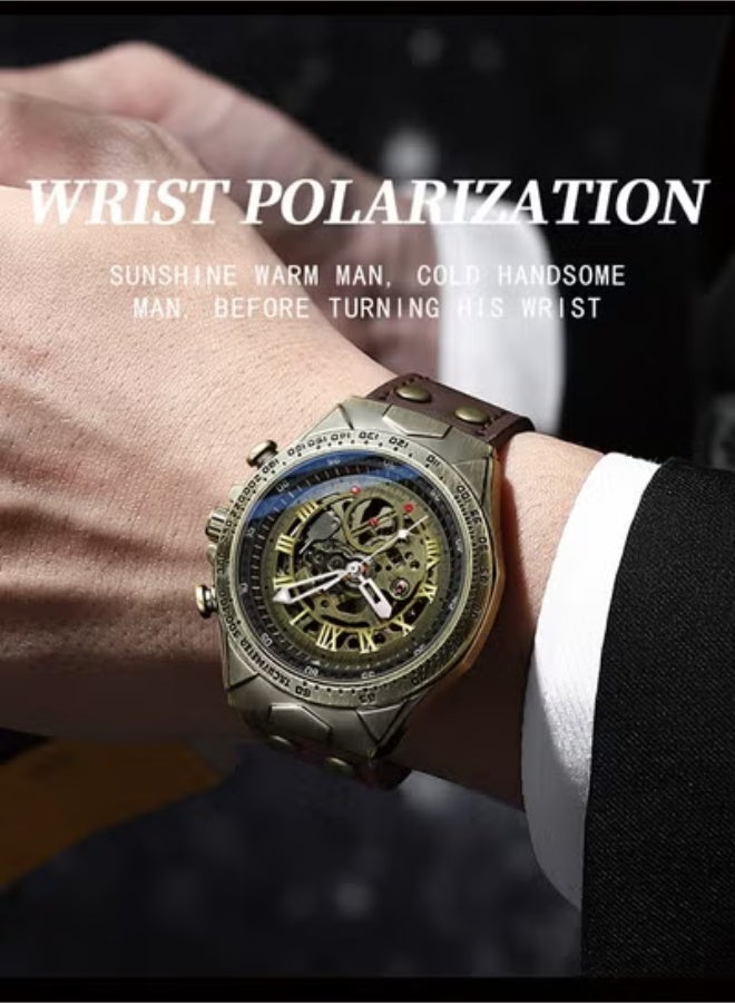 BINBOND Vintage Men's Fashion Watch, Antique Brass Automatic Mechanical Wristwatch with High Hardness Coated Glass and Leather Strap - Image 2