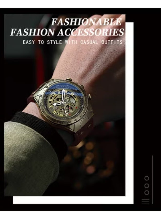 BINBOND Vintage Men's Fashion Watch, Antique Brass Automatic Mechanical Wristwatch with High Hardness Coated Glass and Leather Strap - Image 3