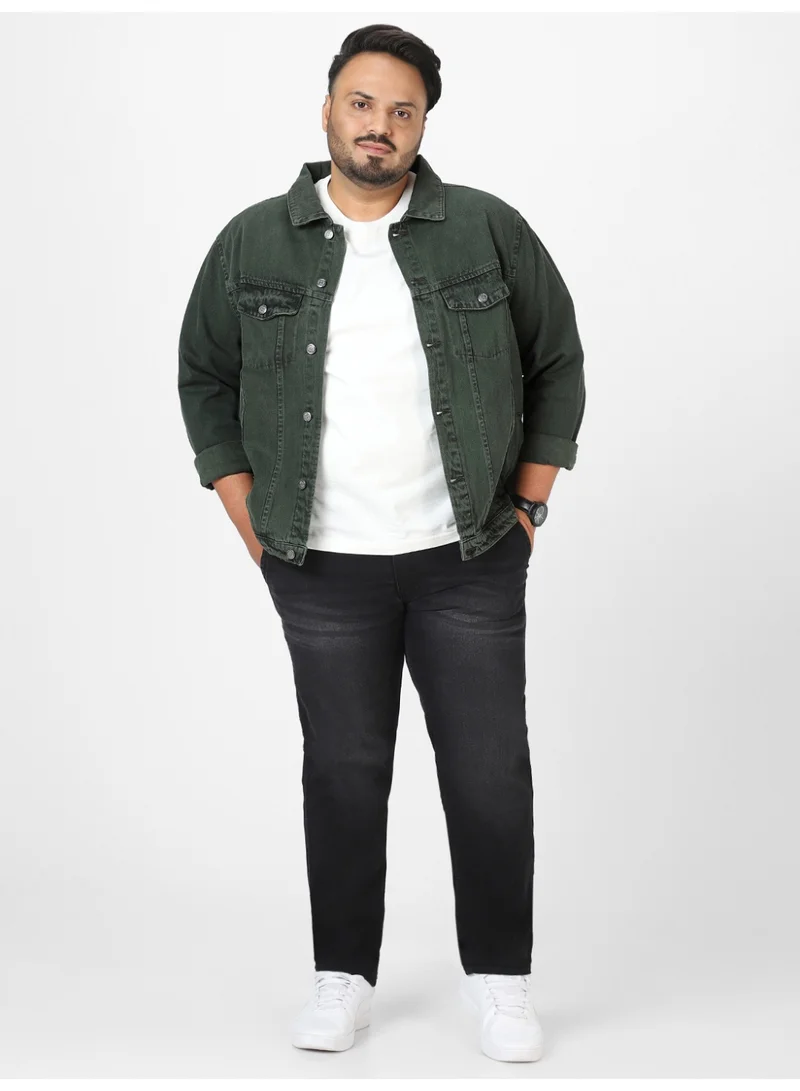 Urbano Fashion  Urbano Plus Men's Olive Green Regular Fit Washed Full Sleeve Denim Jacket  | Best Price UAE