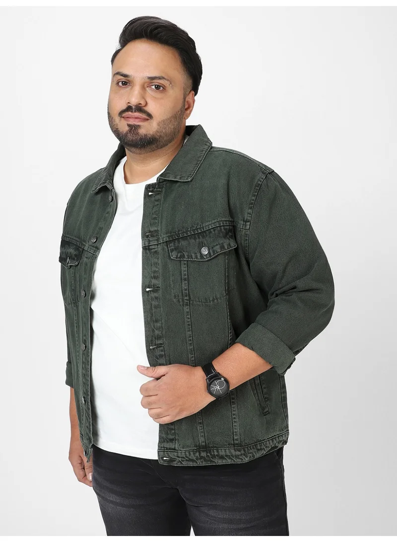 Urbano Plus Men's Olive Green Regular Fit Washed Full Sleeve Denim Jacket