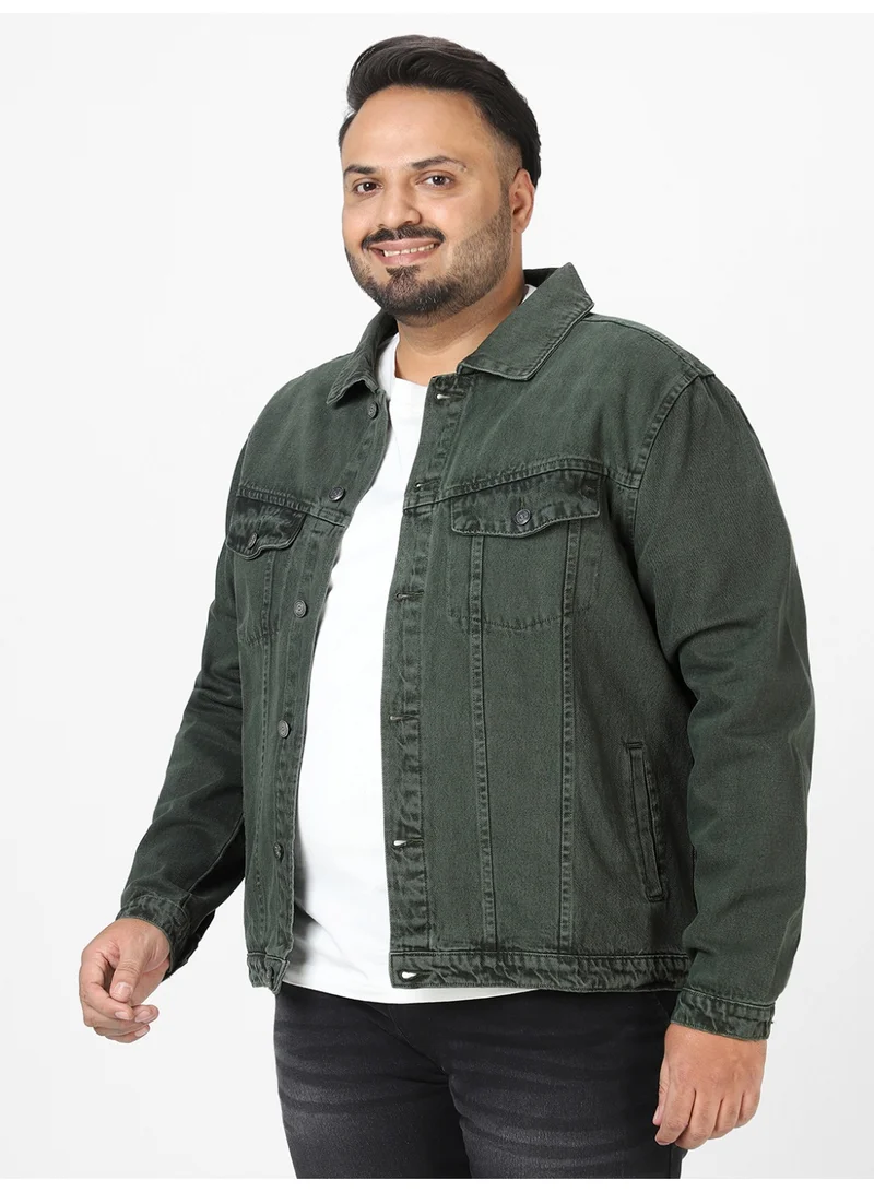 Urbano Fashion  Urbano Plus Men's Olive Green Regular Fit Washed Full Sleeve Denim Jacket  | Best Price UAE