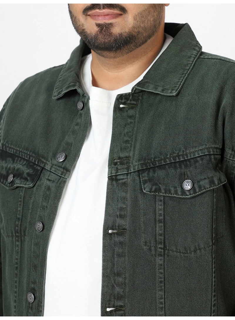 Urbano Fashion  Urbano Plus Men's Olive Green Regular Fit Washed Full Sleeve Denim Jacket  | Best Price UAE