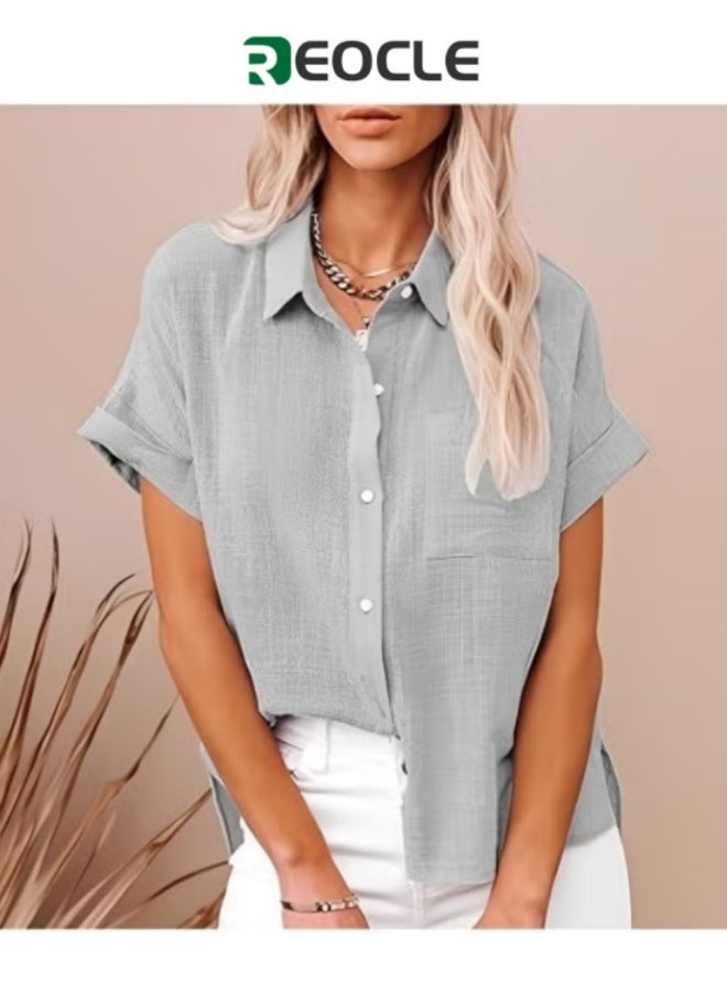 REOCLE Women's Cotton Button Down Shirt Casual Long Sleeve Loose Fit Collared Linen Work Blouse Tops with Pocket Comfortable Top  - Image 1