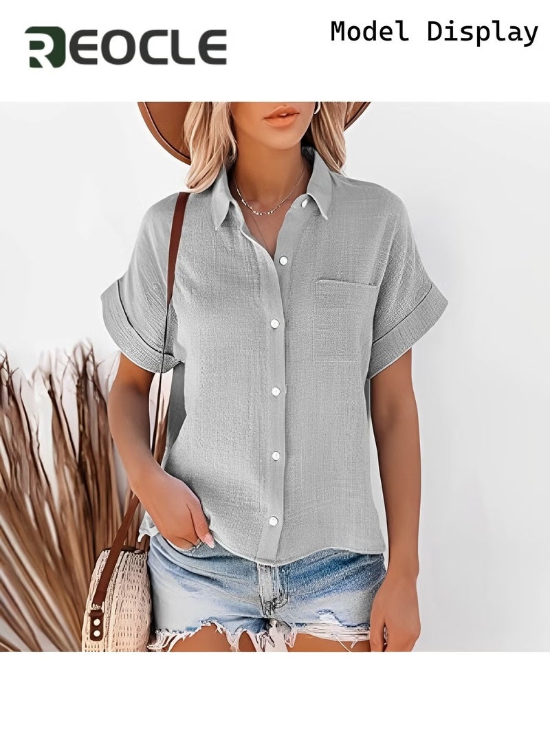 REOCLE Women's Cotton Button Down Shirt Casual Long Sleeve Loose Fit Collared Linen Work Blouse Tops with Pocket Comfortable Top  - Image 3