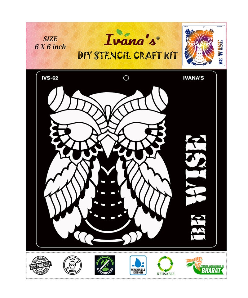 IVANA'S Owl Design Stencil for Art & Craft, DIY Decorative Stencil for Painting on Canvas, Fabric, Cloth, Paper, Glass, Furniture and Wall, Size - 6 x 6 inch, Pack of 1, IVS-62, Off White - Image 1
