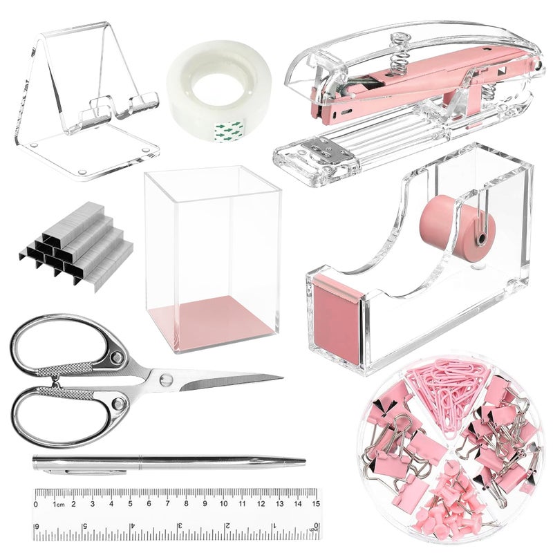 DRQ Pink Desk Organizers and Accessories Office Supplies, 10Pcs Set for Office with Stapler, Tape Dispenser, Pens, Pen Holder, Phone Holder, Tape, Ruler, 1 Box Staple, Scissors and 1 Box of Clip - Image 1