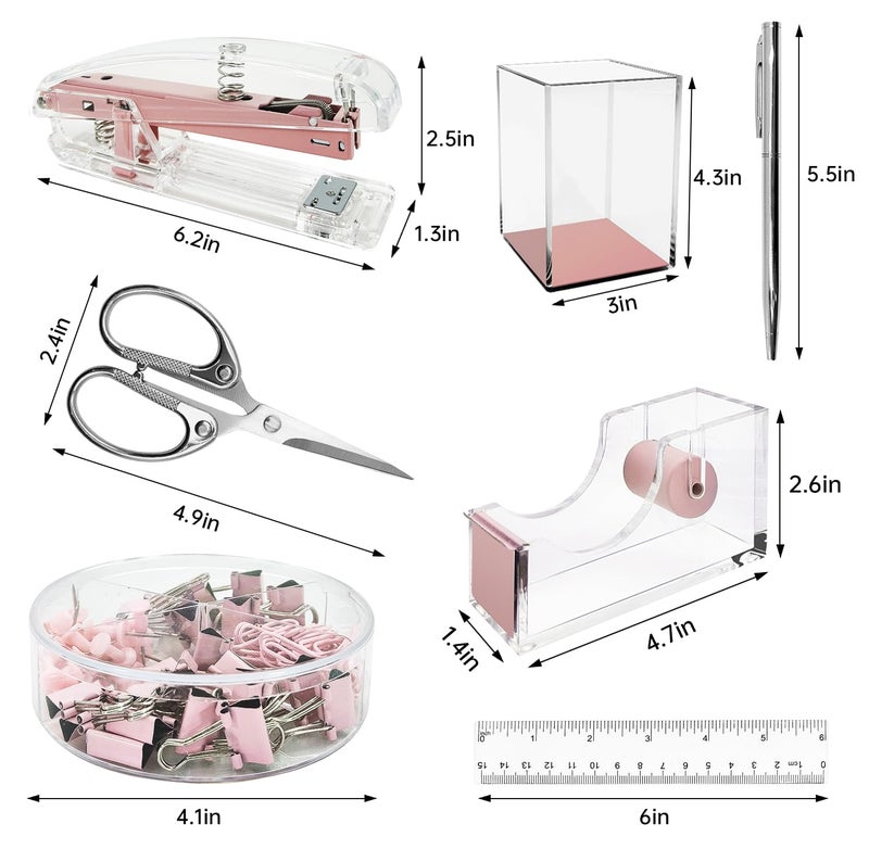 DRQ Pink Desk Organizers and Accessories Office Supplies, 10Pcs Set for Office with Stapler, Tape Dispenser, Pens, Pen Holder, Phone Holder, Tape, Ruler, 1 Box Staple, Scissors and 1 Box of Clip - Image 3