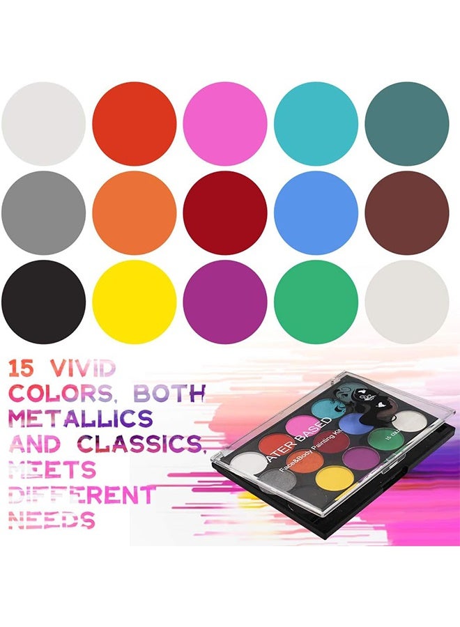 poetry shadow Face Painting Kit for Kids - 15 Color Large Water Based Makeup Paints with Stencils, 2 Brushes, Makeup Kit, Safe Professional Body & Face Paint Kit - Image 2