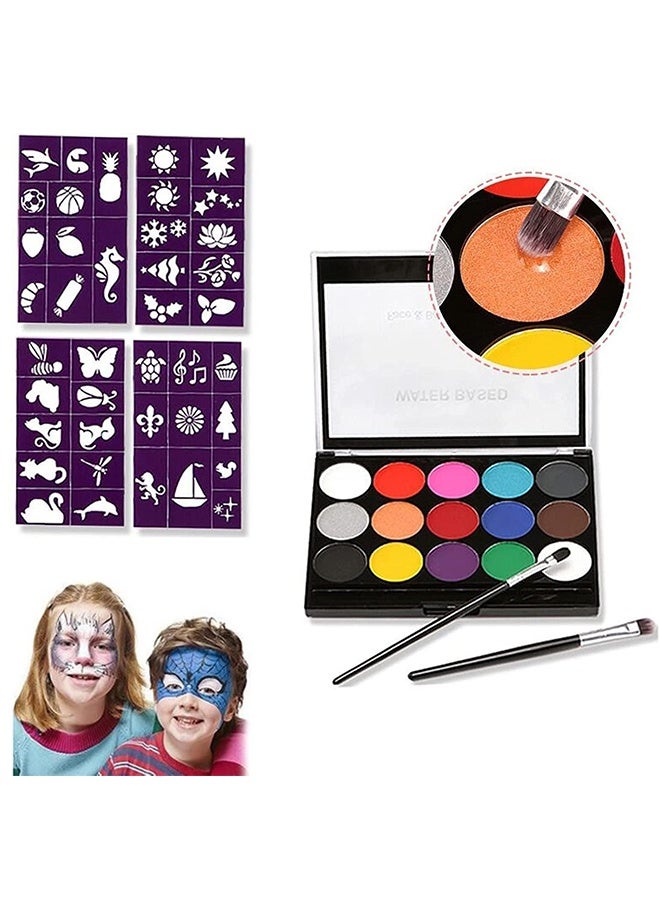 poetry shadow Face Painting Kit for Kids - 15 Color Large Water Based Makeup Paints with Stencils, 2 Brushes, Makeup Kit, Safe Professional Body & Face Paint Kit - Image 1