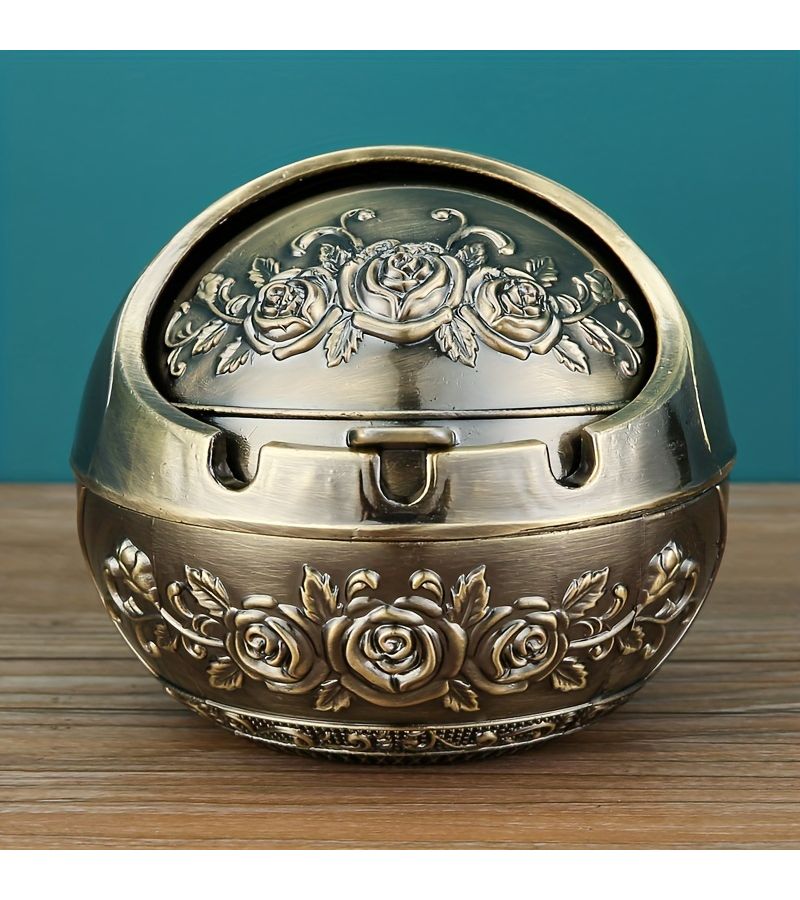 1pc Creative Metal Love Rose Ball Shaped Ashtray Home Living Room Bronze Decoration With Lid Anti Fly Ash Valentine Christmas Heart Rose Phoenix Holiday Gift - Image 5