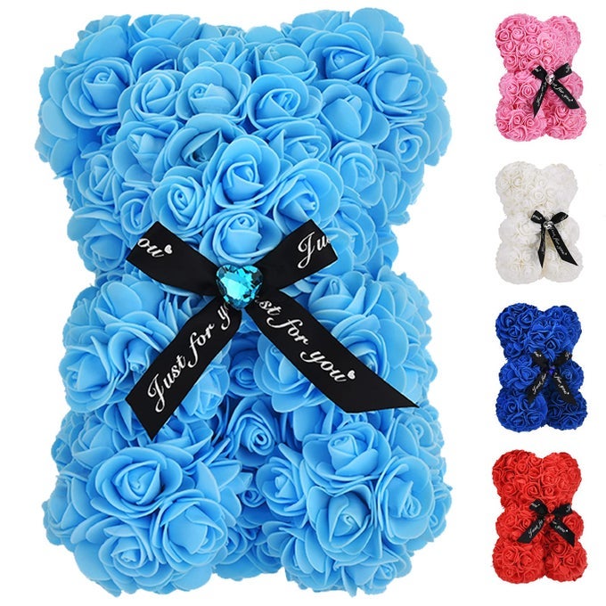 Artificial Rose Flower BearPerfect Romantic Gift for Her Valentines Mothers Day Christmas BirthdayThanksgiving Party Anniversary Girl Friend Wife with HeartShaped Diamond Light Blue