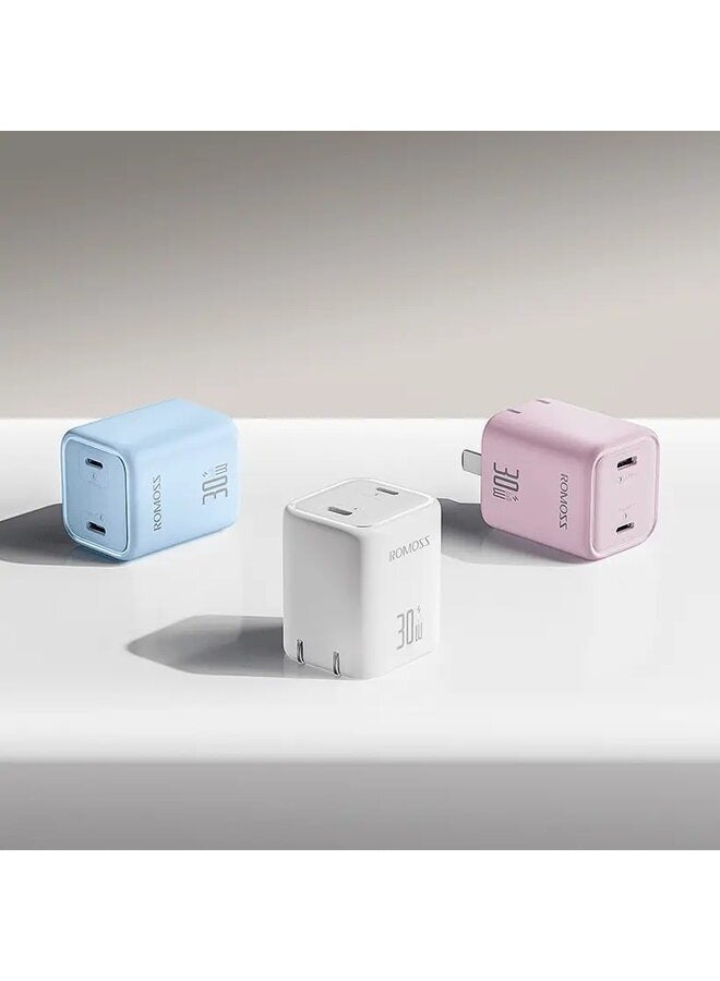 30W GAN dual output Type C wall charger + lightning fast charging adapter for iPhone and Android devices
