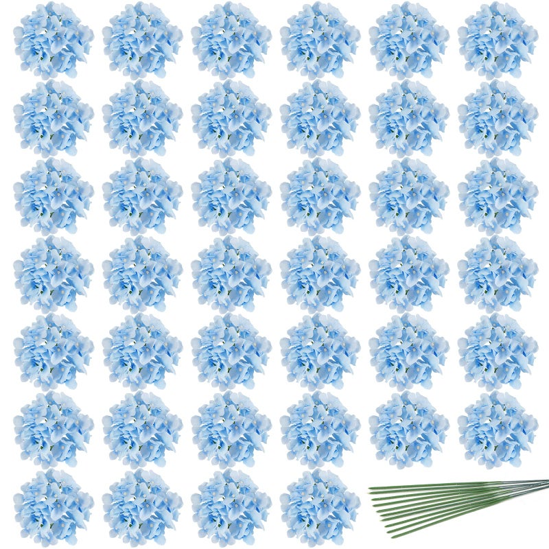 JPSOR 40pcs Artificial Hydrangea Silk Flower Heads with Stems Fake Flowers for Wedding Centerpiece Home Garden Party Decoration Blue