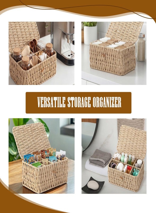 Sieral Tea Storage Organizer/Sugar Packet Holder with Lid 8 Compartment Paper Rope Woven Tea Bag Storage for Chest Coffee Pill Condiment Organizer Wicker Divider Container for Countertop Drawer Shelf - Image 5
