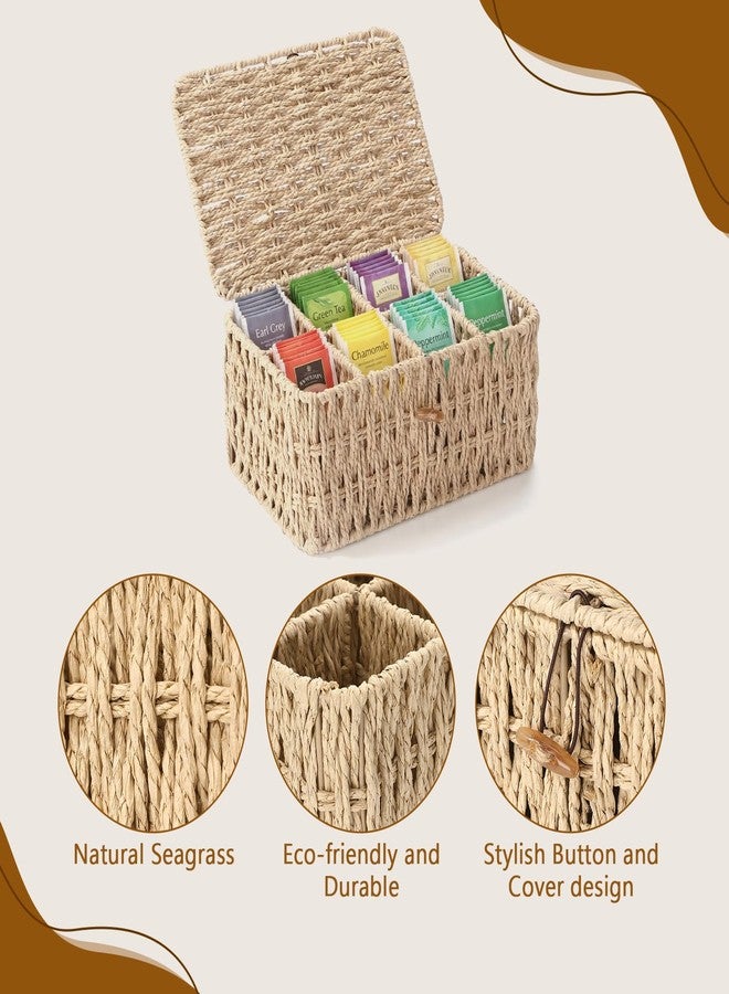 Sieral Tea Storage Organizer/Sugar Packet Holder with Lid 8 Compartment Paper Rope Woven Tea Bag Storage for Chest Coffee Pill Condiment Organizer Wicker Divider Container for Countertop Drawer Shelf - Image 3