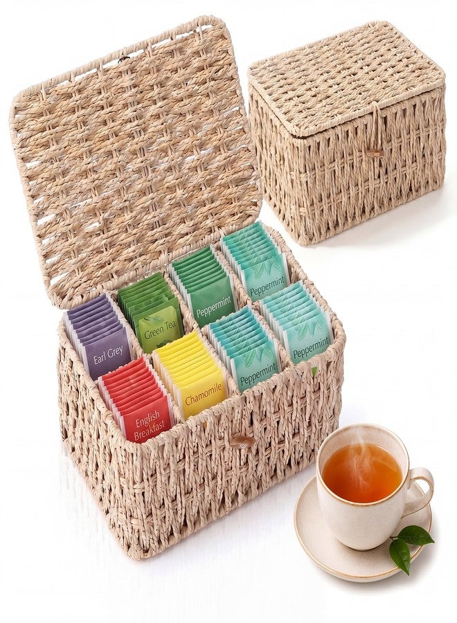 Sieral Tea Storage Organizer/Sugar Packet Holder with Lid 8 Compartment Paper Rope Woven Tea Bag Storage for Chest Coffee Pill Condiment Organizer Wicker Divider Container for Countertop Drawer Shelf - Image 1