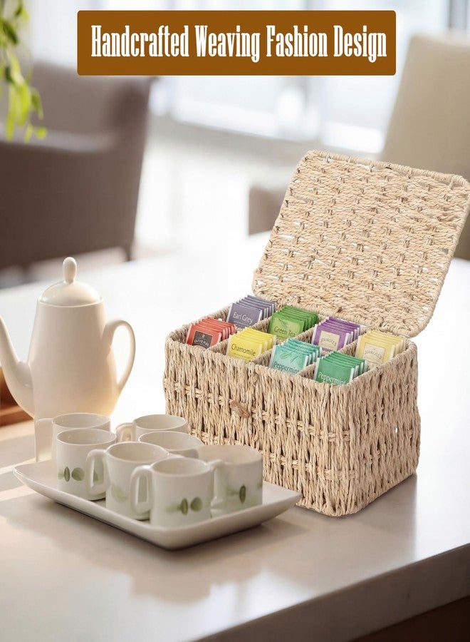 Sieral Tea Storage Organizer/Sugar Packet Holder with Lid 8 Compartment Paper Rope Woven Tea Bag Storage for Chest Coffee Pill Condiment Organizer Wicker Divider Container for Countertop Drawer Shelf - Image 4