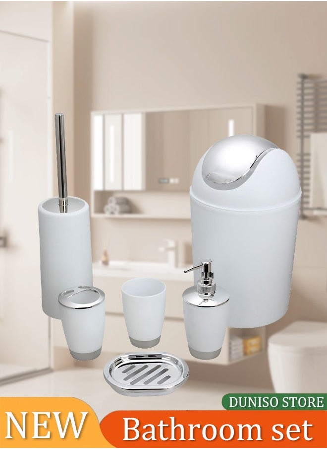 DUNISO 6 Pieces Of Bathroom Accessories Set, Household Toiletries Set, Bathroom Storage Set,Sturdy And Durable,With Lotion Bottle, Toothbrush Cup, Mouthwash Cup, Soap Tray, Toilet Brush, Garbage Can,Suitable For Family And Travel Use  - Image 1