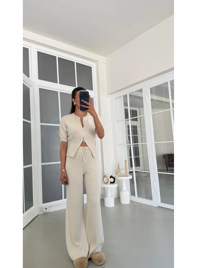 Gaus Cream Double-Zip Blouse and Elastic-Waist Pants Twin Knit Set GAUS-01902.