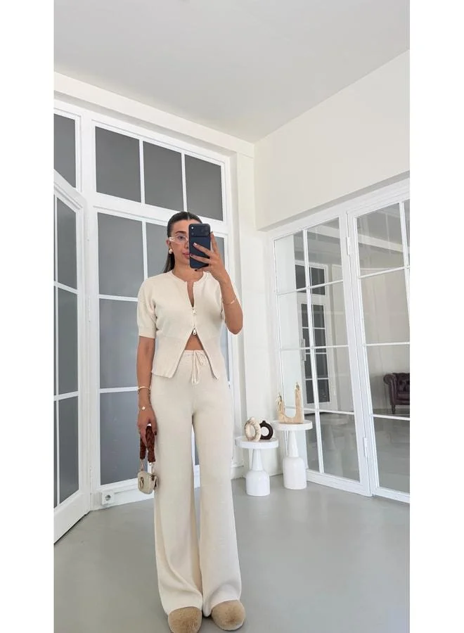 Gaus Cream Double-Zip Blouse and Elastic-Waist Pants Twin Knit Set GAUS-01902.