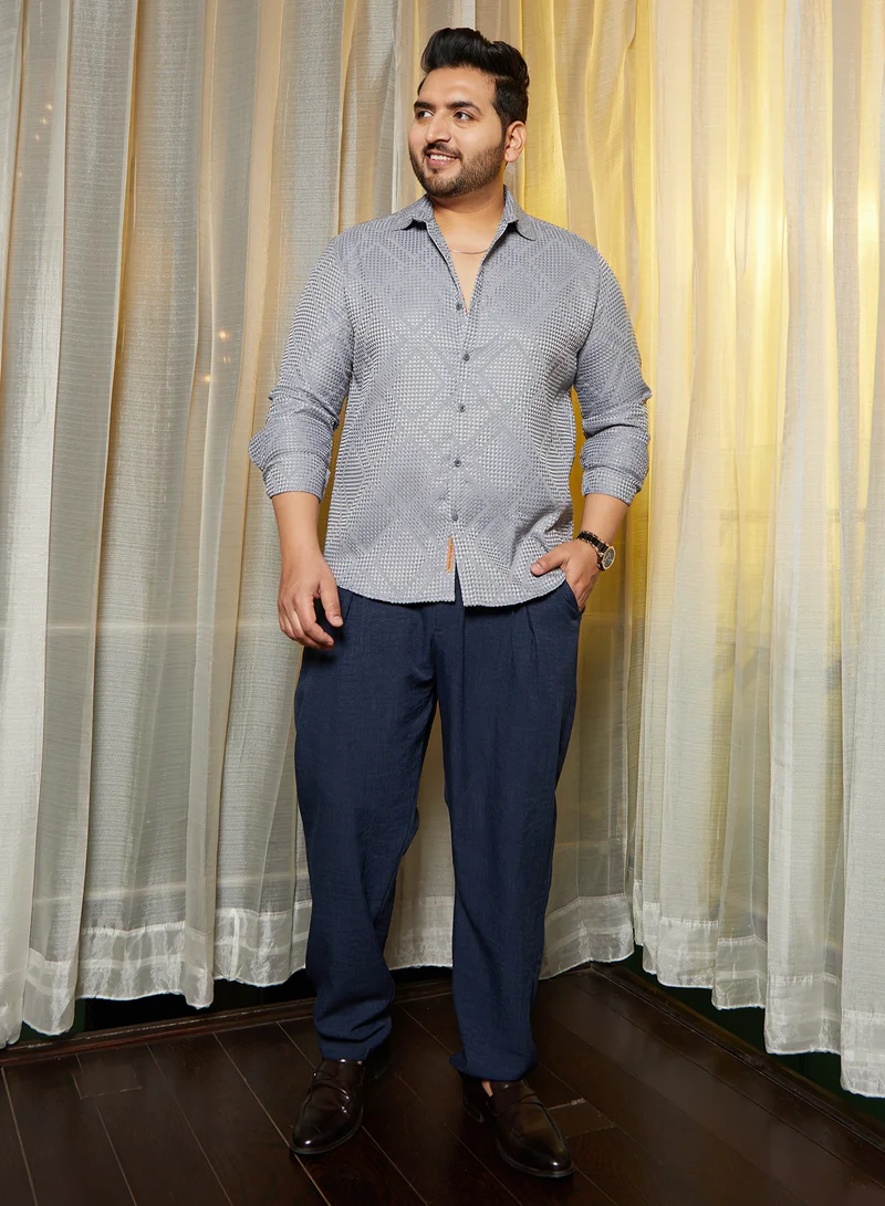 Instafab Plus Instafab Plus Men's Flint Grey Shard-Tactile Shirt For Casual Wear | Spread Collar | Long Cuffed Sleeves | Button Closure | Plus Size Shirt Crafted With Comfort Fit For Everyday Wear