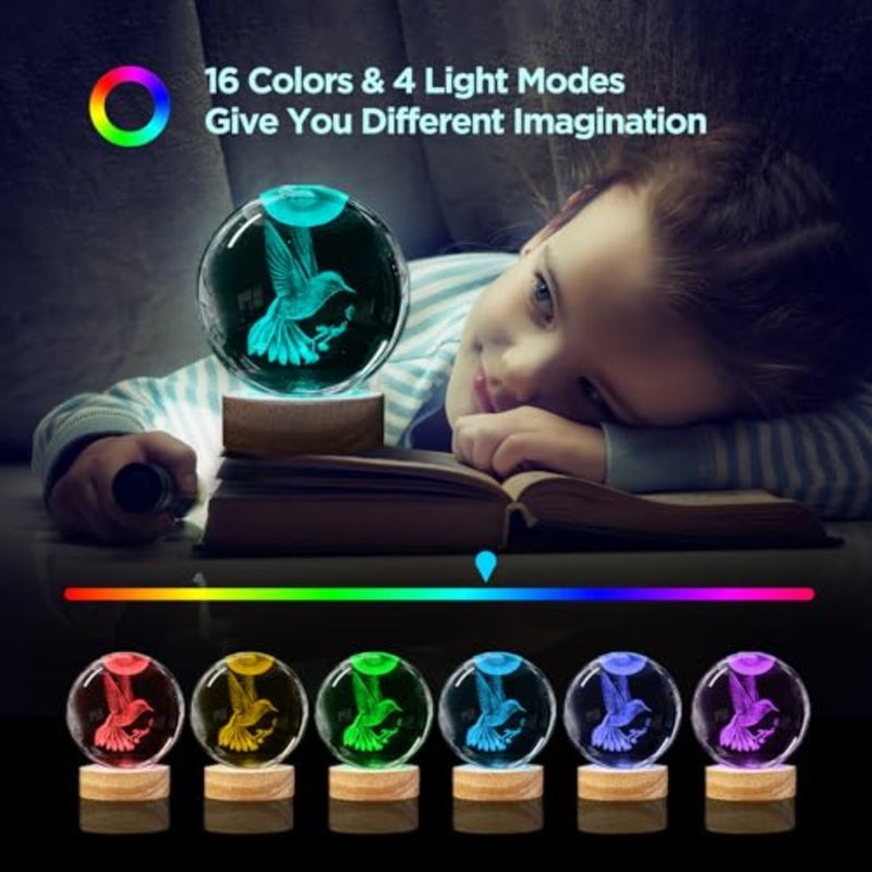 3D Crystal Ball Night Light with Remote Upgraded 3.15 In Figurine Glass Ball Lamp with 16 Color Wooden LED Base Cute Home Decor Gifts for Teens Women - Image 3