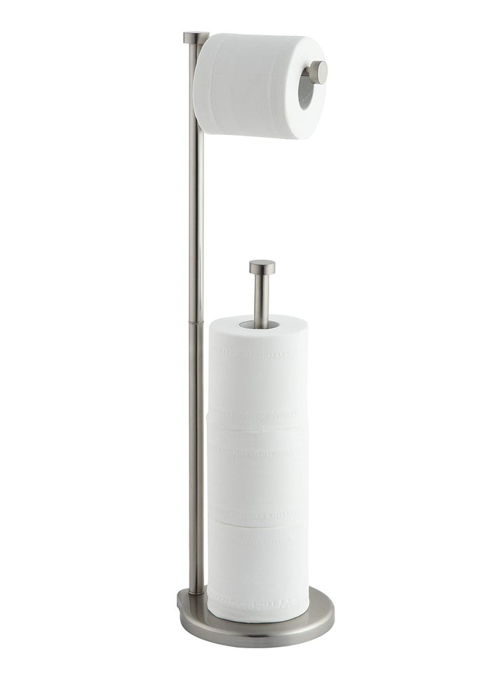 FREE STANDING BATHROOM TOILET PAPER HOLDER STAND WITH RESERVE RESERVE AREA HAS ENOUGH SPACE FOR JUMBO ROLL