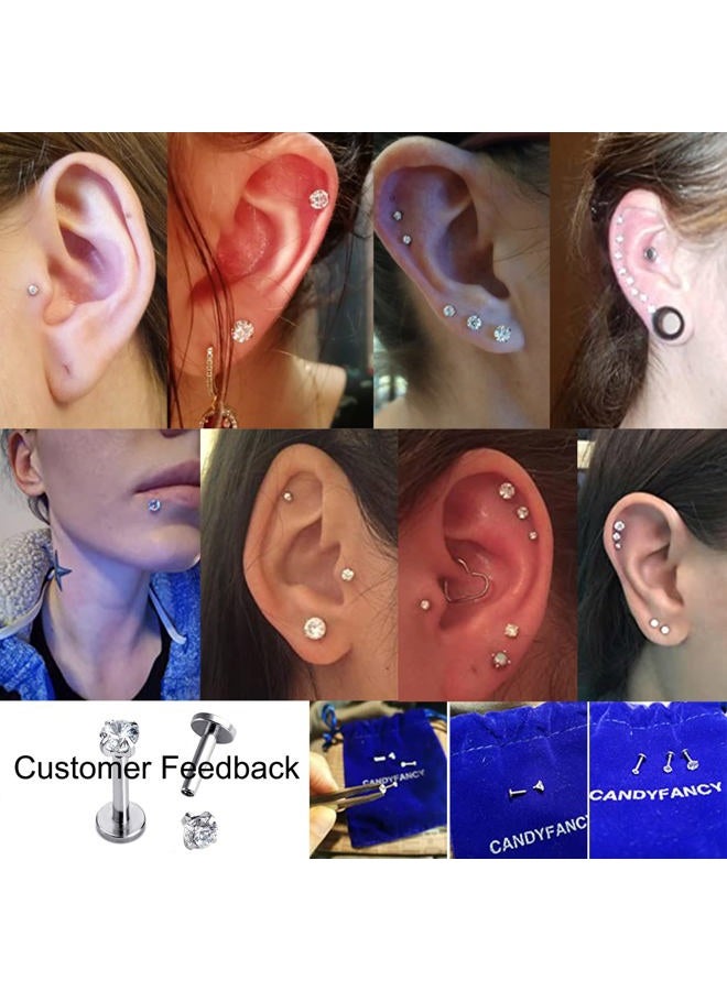 Candyfancy 16g Flat Back Earrings 10mm Post 316L Surgical Steel Bar 2mm 3mm 4mm CZ Stud Earrings Set Lip Ear Lobe Rook Helix Conch Piercing Jewelry - Image 2