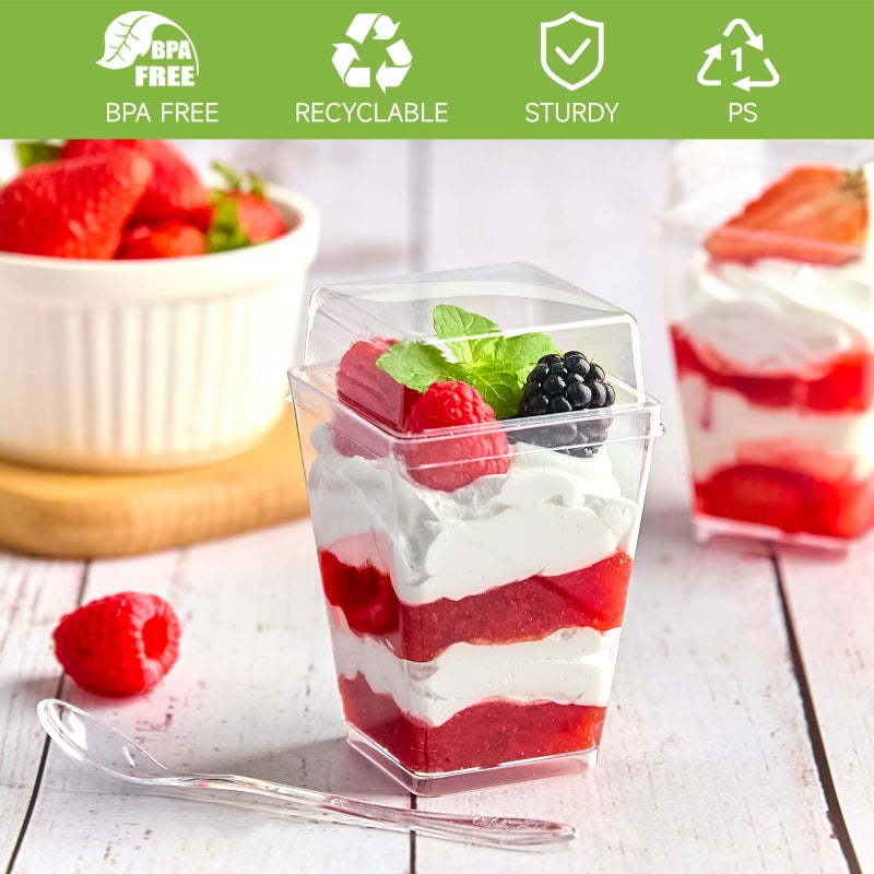 Qeirudu 50 Pack 5 oz Dessert Cups with High Lids and Spoons  Mini Plastic Yogurt Parfait Cups Square Party Serving Cup for Pudding  Appetizer  Fruit and Ice Cream - Image 3