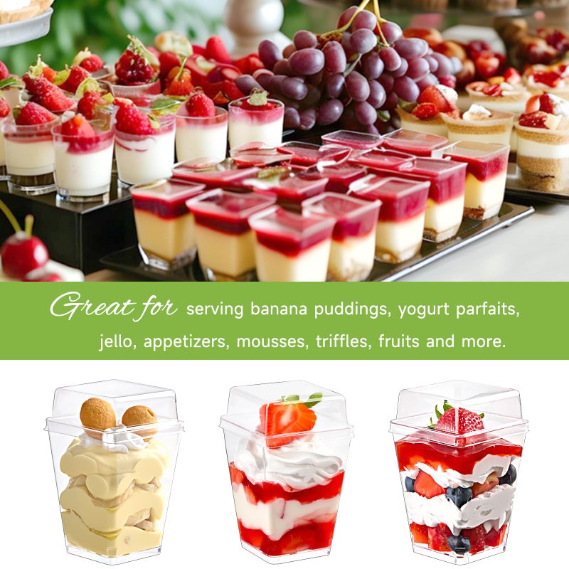 Qeirudu 50 Pack 5 oz Dessert Cups with High Lids and Spoons  Mini Plastic Yogurt Parfait Cups Square Party Serving Cup for Pudding  Appetizer  Fruit and Ice Cream - Image 4