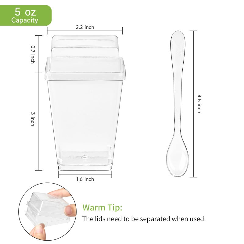Qeirudu 50 Pack 5 oz Dessert Cups with High Lids and Spoons  Mini Plastic Yogurt Parfait Cups Square Party Serving Cup for Pudding  Appetizer  Fruit and Ice Cream - Image 2