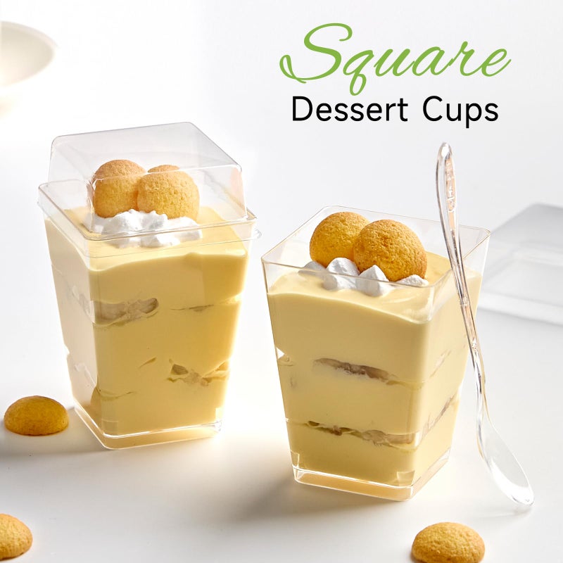 Qeirudu 50 Pack 5 oz Dessert Cups with High Lids and Spoons  Mini Plastic Yogurt Parfait Cups Square Party Serving Cup for Pudding  Appetizer  Fruit and Ice Cream - Image 5