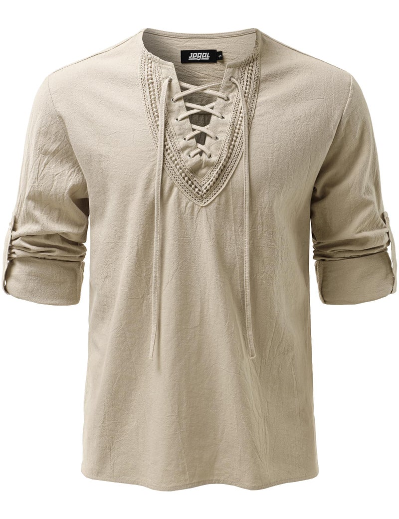 JOGAL Mens Renaissance Shirt Medieval Pirate Viking Halloween Costume Gothic Steampunk Retro Long Sleeve Lace Up Shirts Beige Large - Image 1