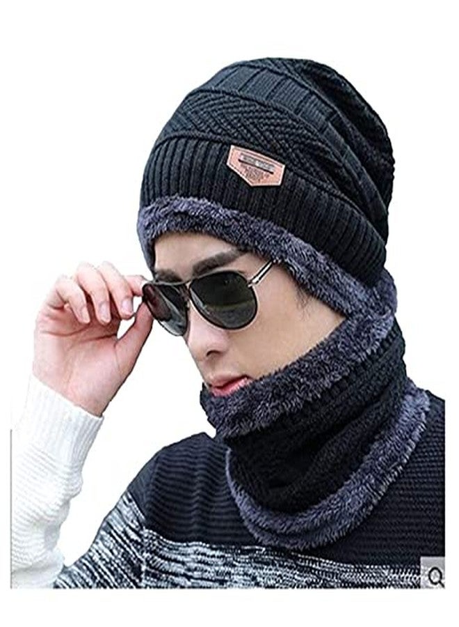 JEMEI Winter Knit Beanie Woolen Cap Hat Woolen Neck Warmer Scarf Set for Men & Women Black - Image 1