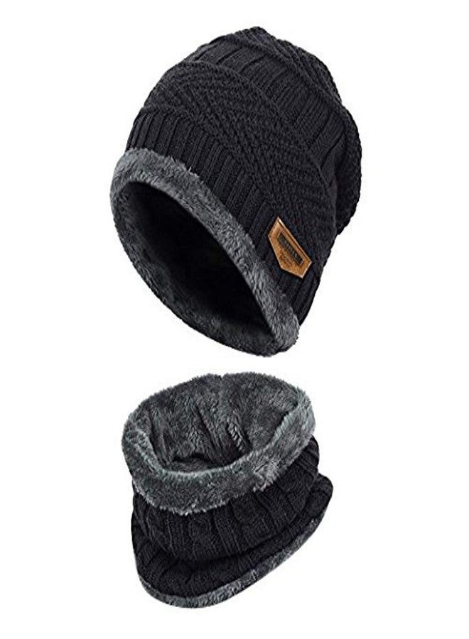 JEMEI Winter Knit Beanie Woolen Cap Hat Woolen Neck Warmer Scarf Set for Men & Women Black - Image 2
