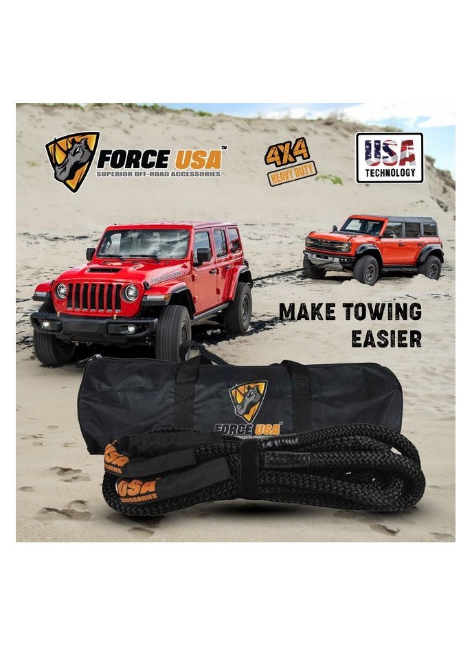 FORCE USA - Kinetic Tow Rope Kinetic Recovery Rope Elasticity Energy Strap Shackle Ropes Kinetic Energy Vehicle Recovery Double Nylon Braided Rope with Tote Bag Heavy Duty Vehicle Recovery Rope - Image 1
