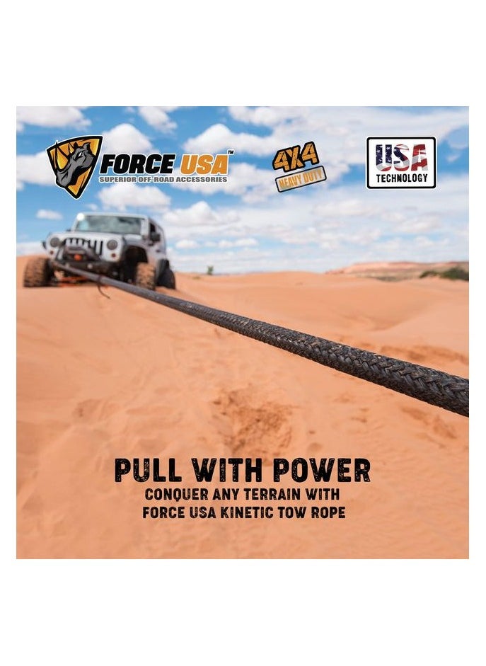 FORCE USA - Kinetic Tow Rope Kinetic Recovery Rope Elasticity Energy Strap Shackle Ropes Kinetic Energy Vehicle Recovery Double Nylon Braided Rope with Tote Bag Heavy Duty Vehicle Recovery Rope - Image 1