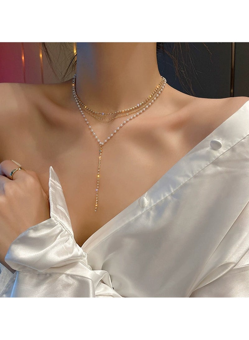 Goolsky Trendy Multi-Layer Pearl & Crystal Fringe Necklace – Fashion Statement Jewelry, Party Wear