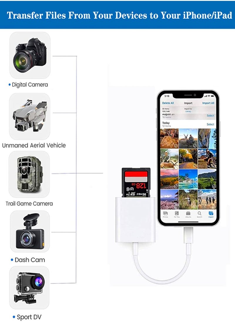 Lightning to SD & TF Card Dual Slot Reader for iphone/ipad, 2 in 1 Micro SD TF Memory Card Adapter, Trail Camera Viewer SD Card Reader, Plug and Play