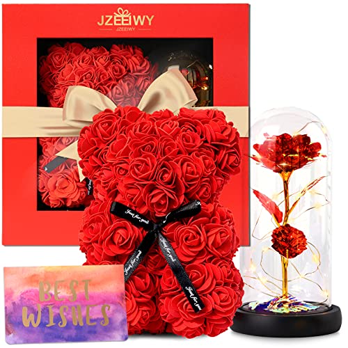 JZEEIWY Flower Rose Bear for Mom,Perfect Birthday Romantic Gift for Wife Daughter Girlfriend Friend Her,Light up Rose in Glass Dome for Birthday Anniversary Mothers Day Valentines Day - Image 1